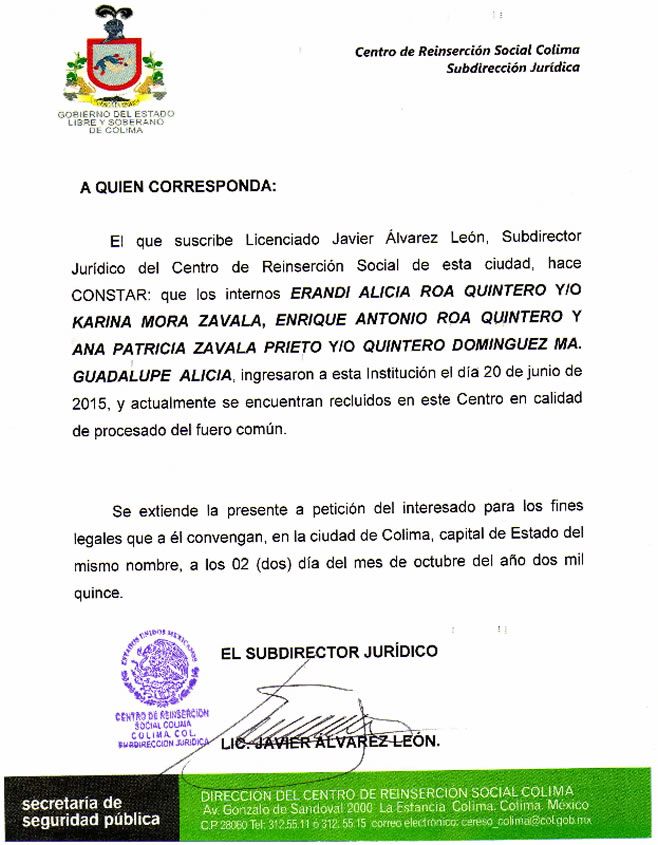 CARTA DE RECLUCION COLIMA